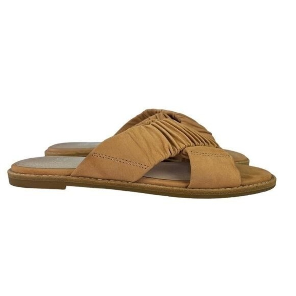 Eileen Fisher Suede Ruched Crisscross Slide Sandals Tan Minimalist Boho Womens 6